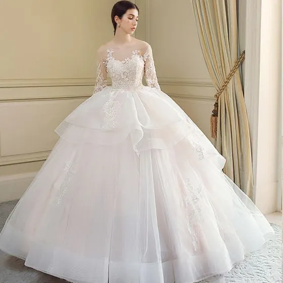 Chic / Beautiful Cascading Ruffles Wedding Dresses 2018 Ball Gown Lace ...