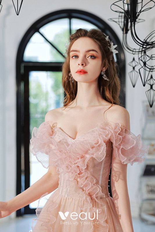 lace peach prom dresses 2022