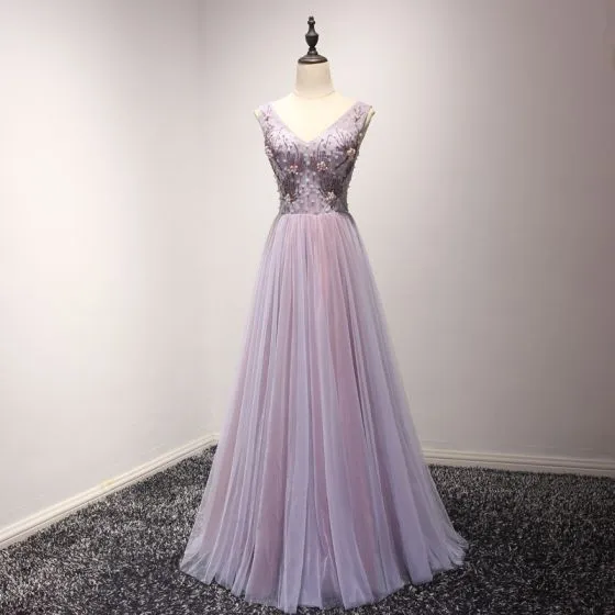 Chic / Beautiful Lilac Prom Dresses 2018 A-Line / Princess Pearl ...