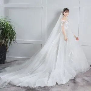 Elegant Ivory Pregnant Wedding Dresses 2019 Empire Off-The-Shoulder Sequins Appliques Lace Flower Short Sleeve Chapel Train