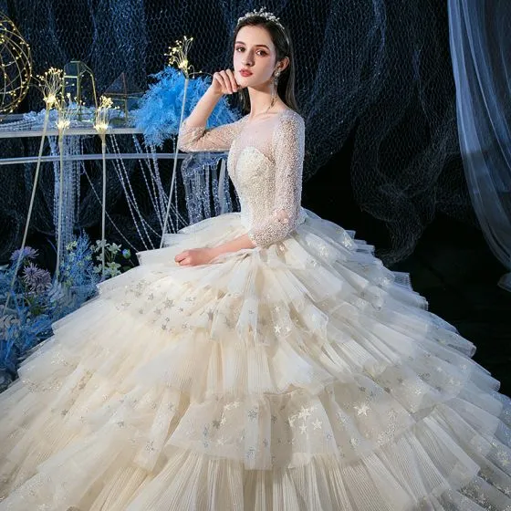 Fabulous Champagne Glitter Star Wedding Dresses 2020 A-Line / Princess ...