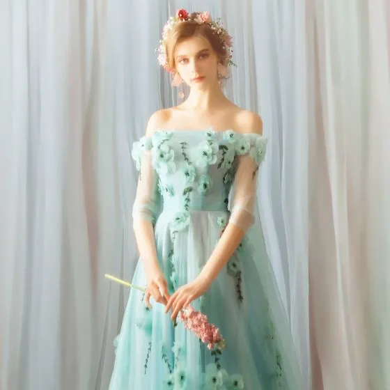 Flower Fairy Green Evening Dresses 2019 A-Line / Princess Off-The ...