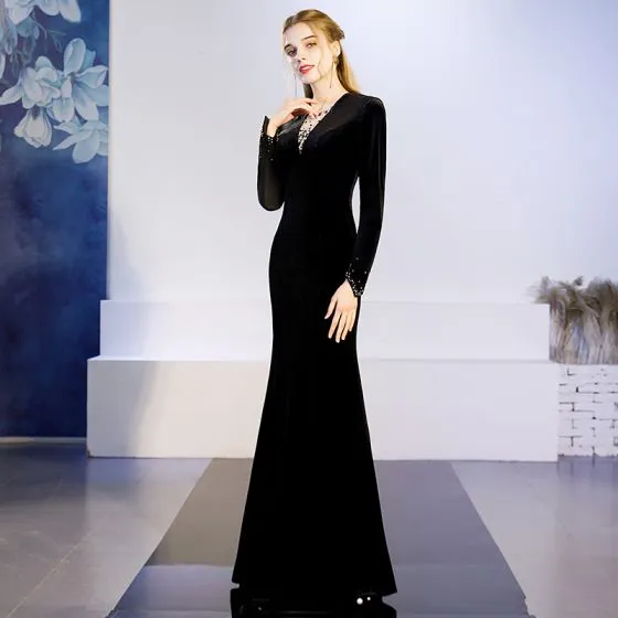 Elegant Solid Color Black Evening Dresses 2019 Trumpet / Mermaid V-Neck ...