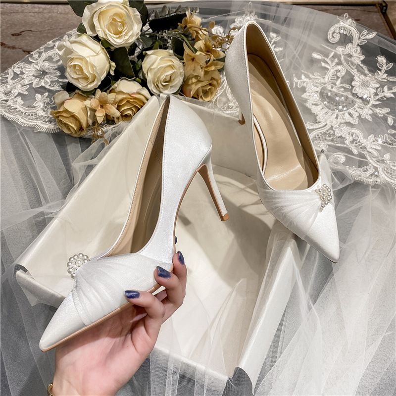 Elegant Ivory Satin Pearl Wedding Shoes 2021 8 cm Stiletto Heels ...