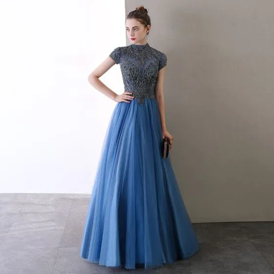 Vintage Retro Ocean Blue Prom Dresses 2020 A Line Princess