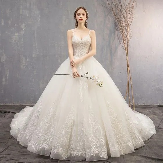 Best Ivory Wedding Dresses 2019 Ball Gown Spaghetti Straps Sleeveless ...