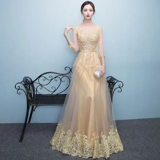 Chic Beautiful Formal Dresses 2017 Evening Dresses Gold A Line