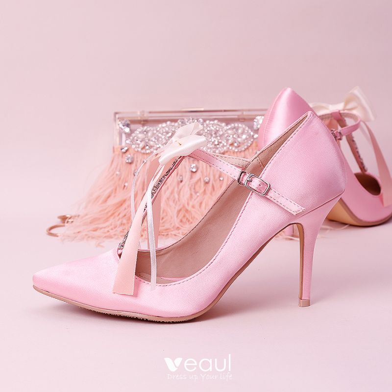 Lovely Candy Pink Wedding Shoes 2019 Bow Rhinestone T-Strap 9 cm ...
