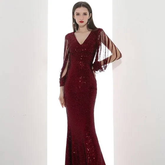Sparkly Burgundy Sequins Evening Dresses 2020 Trumpet / Mermaid V-Neck ...