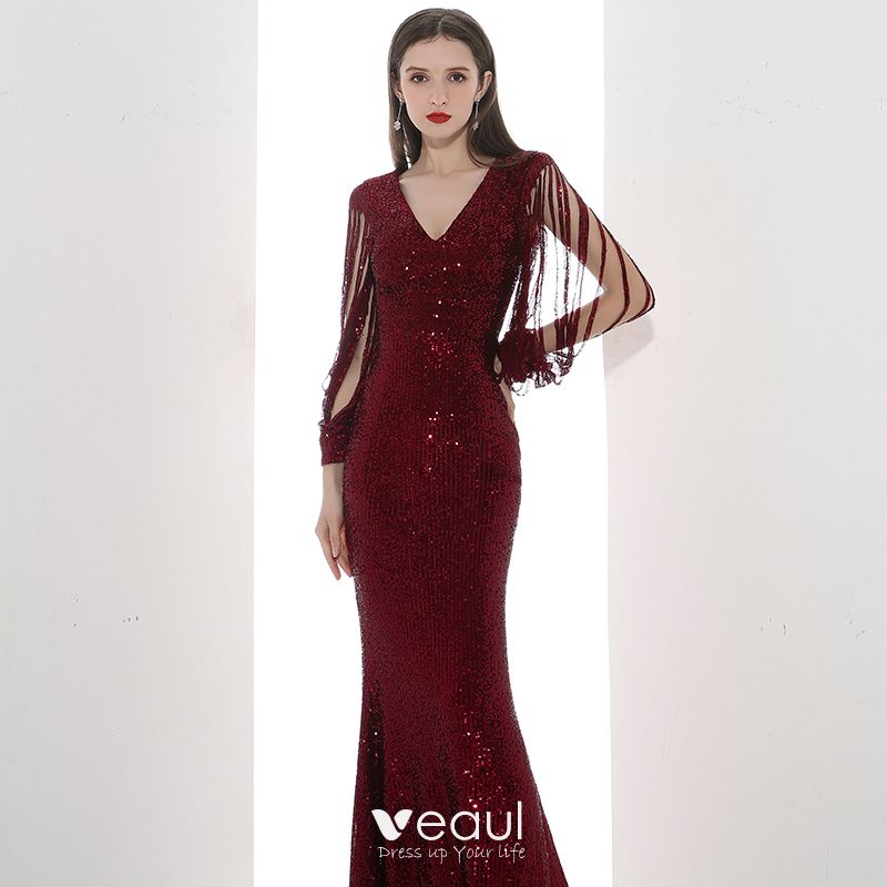 Sparkly Burgundy Sequins Evening Dresses 2020 Trumpet / Mermaid V-Neck ...