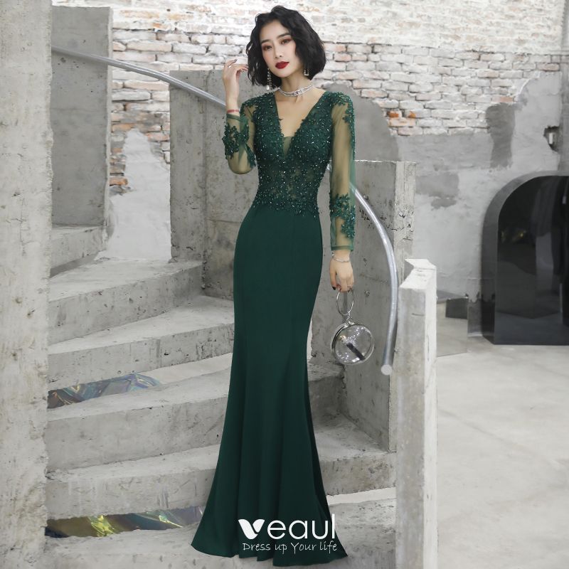 long sleeve green formal gown