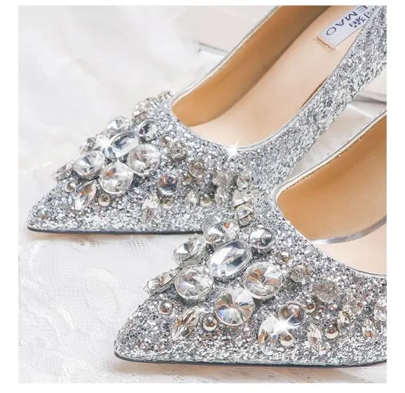 Sparkly Silver Wedding Shoes 2020 Leather Rhinestone Sequins 10 cm ...