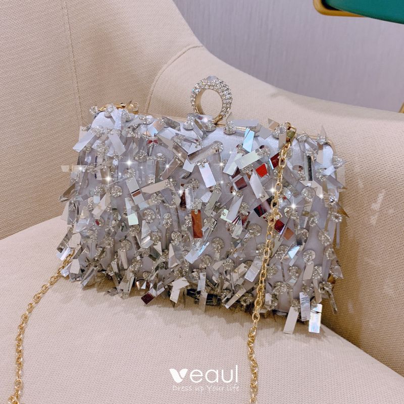 Modern / Fashion Silver Patent Leather Clutch Bags 2019 Sequins Tassel ...