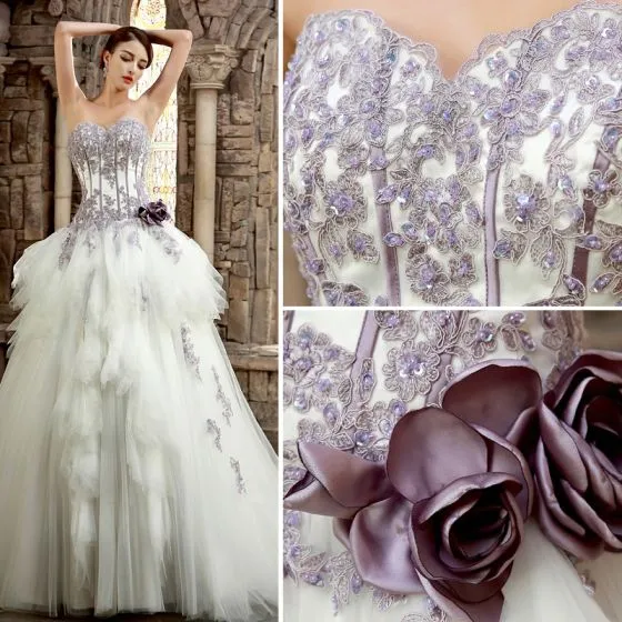 Romantic White Purple Wedding Dresses 2017 Organza Rhinestone Appliques