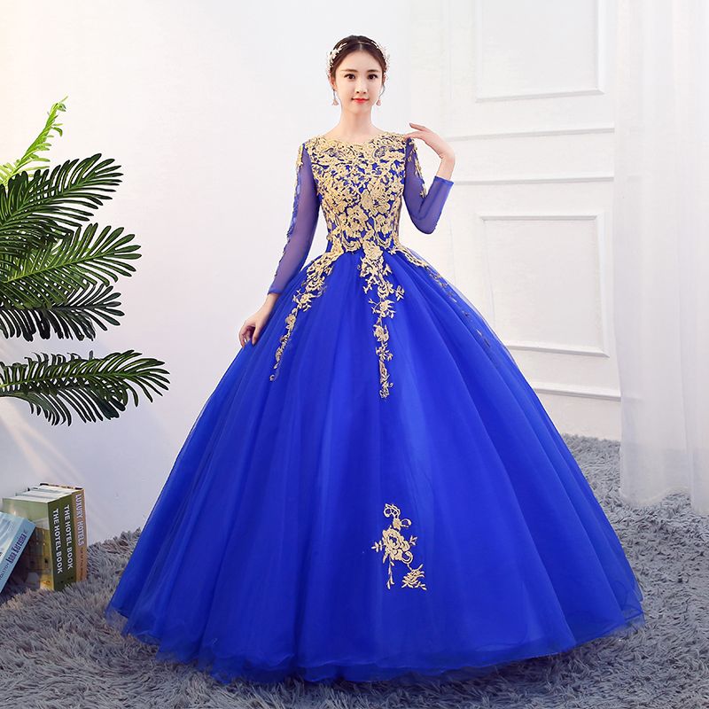 Classic Navy Blue Dancing Prom Dresses 2021 Ball Gown Scoop Neck Long ...