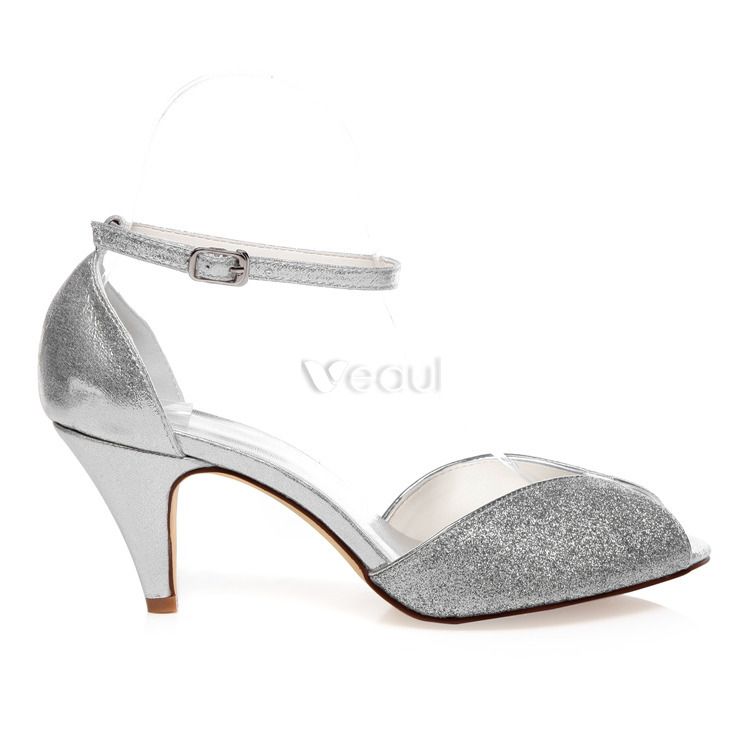 Sparkly Wedding Sandals Peep Toe Silver Glitter Wedding Shoes Stiletto Heels With Ankle Strap 9514