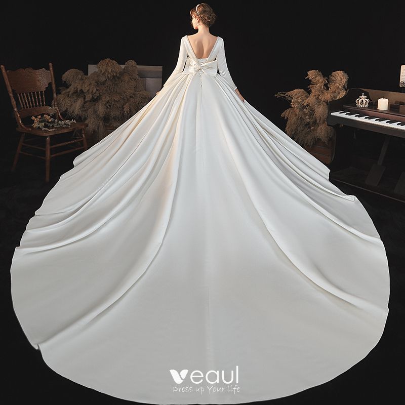 Modest Simple Ivory Satin Bridal Wedding Dresses 2020 Ball Gown Square Neckline Long Sleeve 9441