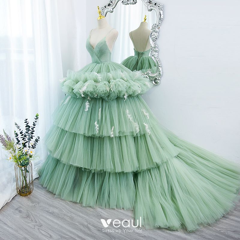 Charming Sage Green Cascading Ruffles Prom Dresses 2022 Ball Gown ...
