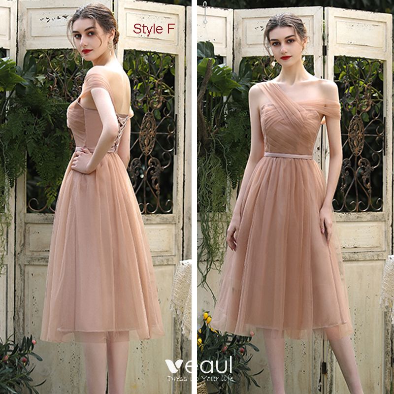 Affordable Brown Bridesmaid Dresses 2021 A-Line / Princess Short Sleeve ...