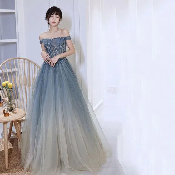 Charming Sky Blue Gradient-Color Beading Prom Dresses 2022 A-Line /  Princess Off-The-Shoulder Rhinestone Sequins Sleeveless Backless  Floor-Length / Long Prom Formal Dresses