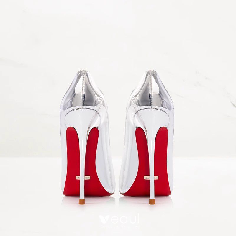 Sexy Silver Leather Red Sole Evening Party Pumps 2023 12 cm Stiletto Heels  Pointed Toe Pumps High Heels