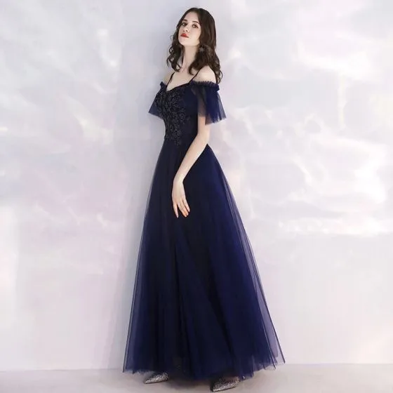 Affordable Navy Blue Evening Dresses 2019 A-Line / Princess Spaghetti ...