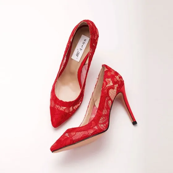 red lace wedding shoes