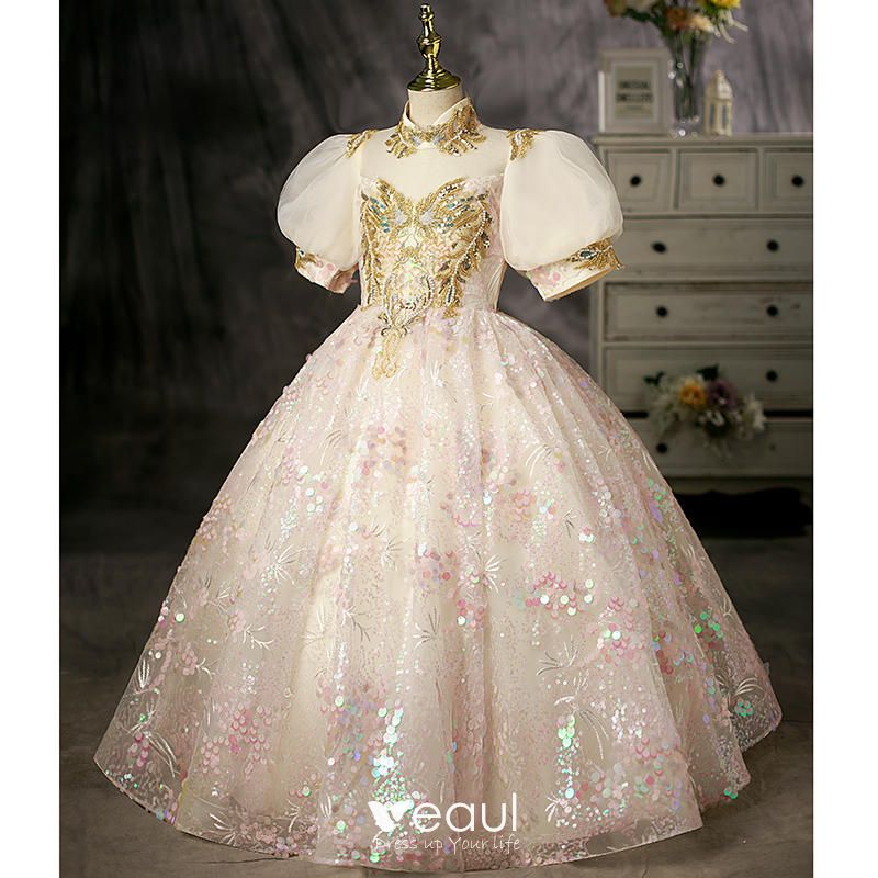 Chic / Beautiful Blushing Pink Sequins Flower Girl Dresses 2023 Ball Gown  Off-The-Shoulder Short Sleeve