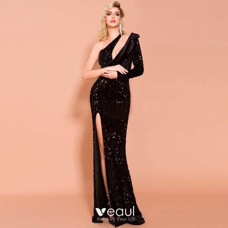 long sleeve black sequin evening gown