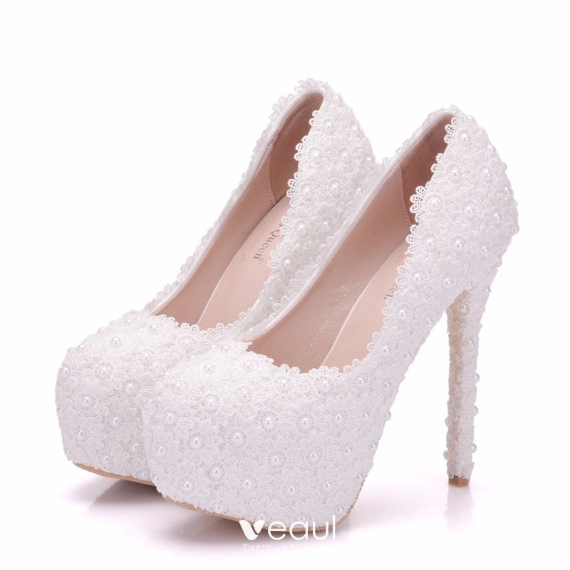 White Lace Flowers Pearl Round Toe Pumps High Heels Bride Princess Wedding Shoes