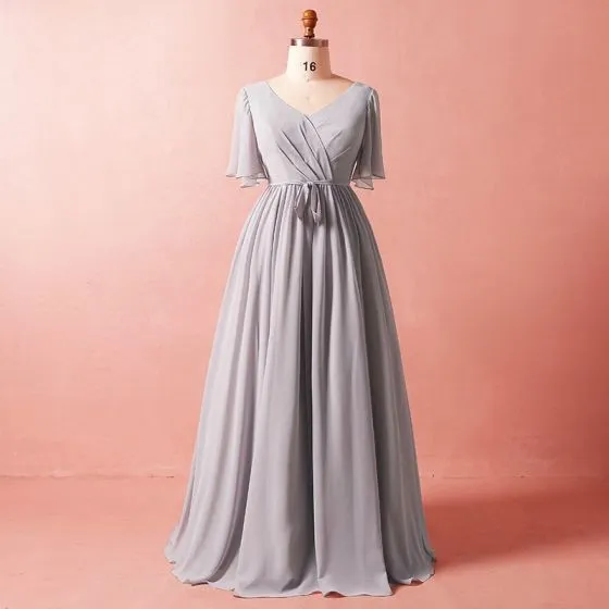 Modest / Simple Grey Plus Size 2018 A-Line / Princess Crossed Straps ...