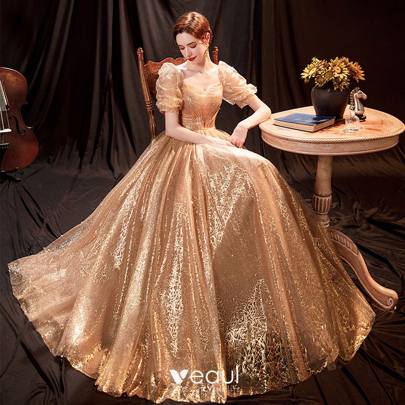 Sparkly Gold Pearl Sequins Prom Dresses 2021 A-Line / Princess Square ...