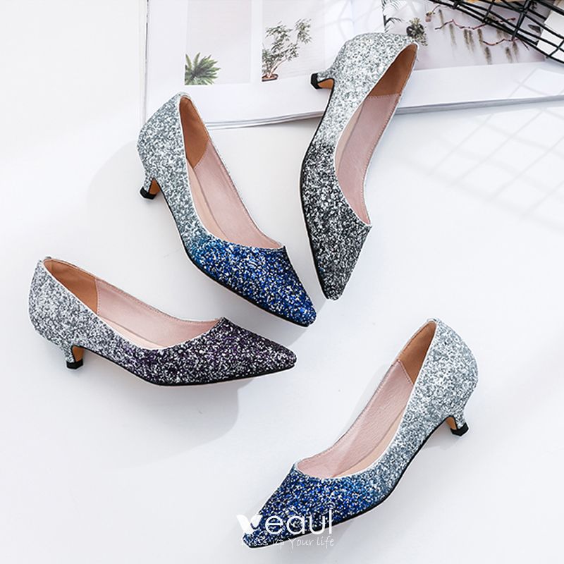 Charming Navy Blue Glitter Wedding Shoes 2020 Leather Sequins 3 cm ...