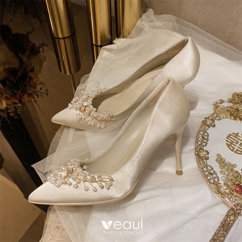 Elegant Beige Pearl Wedding Shoes 2020 Leather Satin cm Stiletto Pointed Pumps