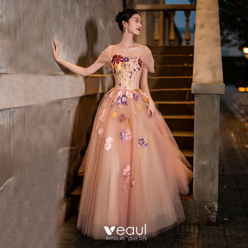 Elegant Blushing Pink Pearl Lace Flower Prom Dresses 2023 A-Line / Princess  Square Neckline Short Sleeve Backless Floor-Length / Long Prom Formal  Dresses