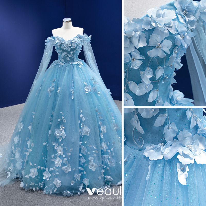 Elegant Pool Blue Pearl Appliques Prom Dresses 2022 Ball Gown Off-The ...