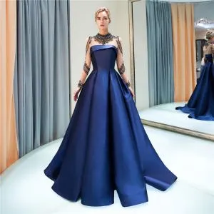 Luxury / Gorgeous Navy Blue Evening Dresses 2019 A-Line / Princess High Neck Beading Crystal Long Sleeve Sweep Train Formal Dresses
