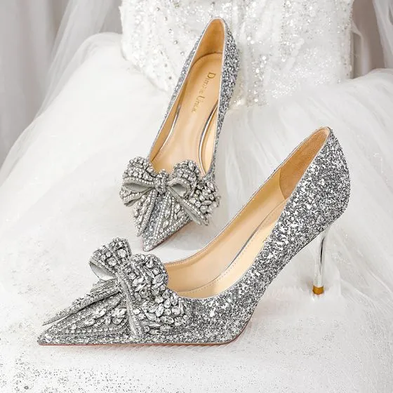 Women Luxurious Bling Bling Silver Crystal Wedding Shoes Stiletto