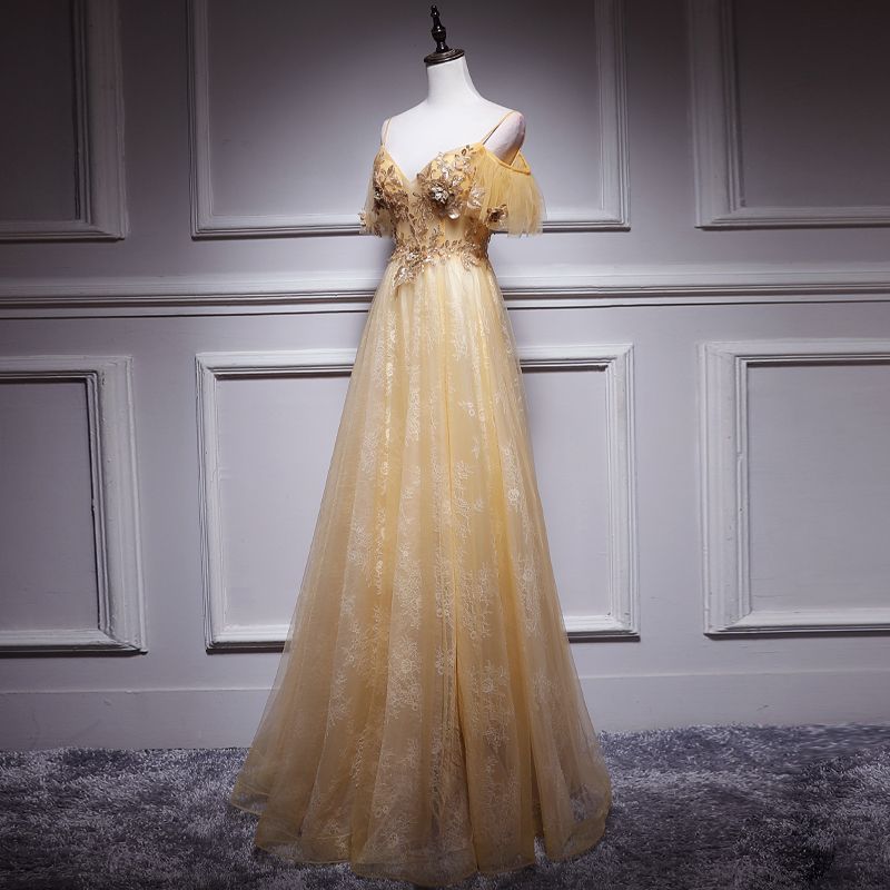 Chic / Beautiful Gold Evening Dresses 2018 A-Line / Princess Spaghetti ...