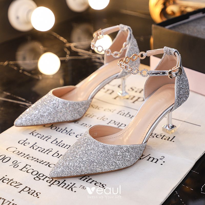 Sparkly Silver Sequins Wedding Shoes 2020 Rhinestone Ankle Strap 5 cm ...