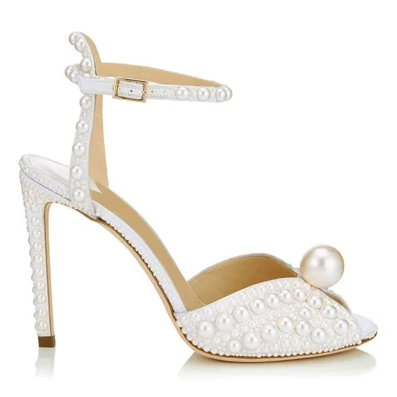 Charming Ivory Pearl Wedding Shoes 2020 Leather Ankle Strap 10 cm ...