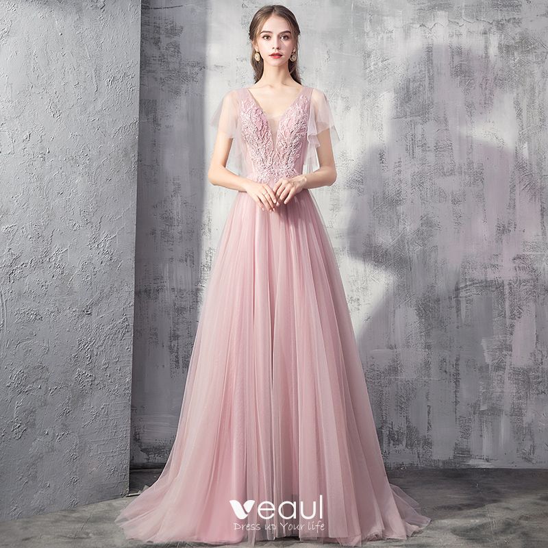 Elegant Pearl Pink Evening Dresses 2019 A-Line / Princess Deep V-Neck ...