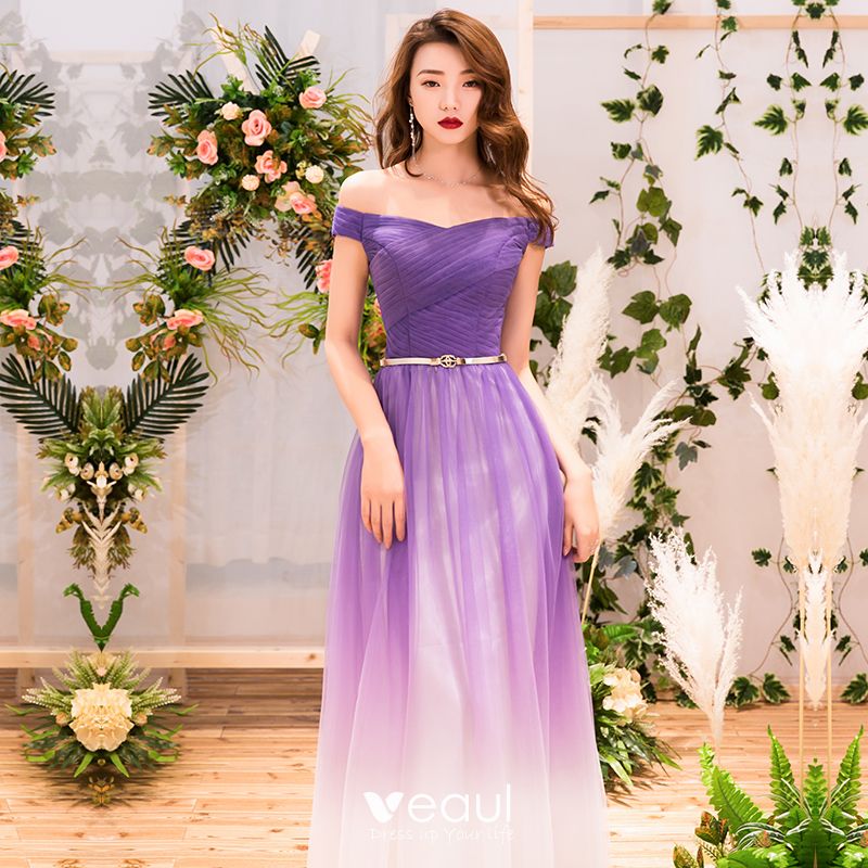 Chic / Beautiful Purple Gradient-Color Evening Dresses 2019 A-Line /  Princess Off-The-Shoulder Short Sleeve