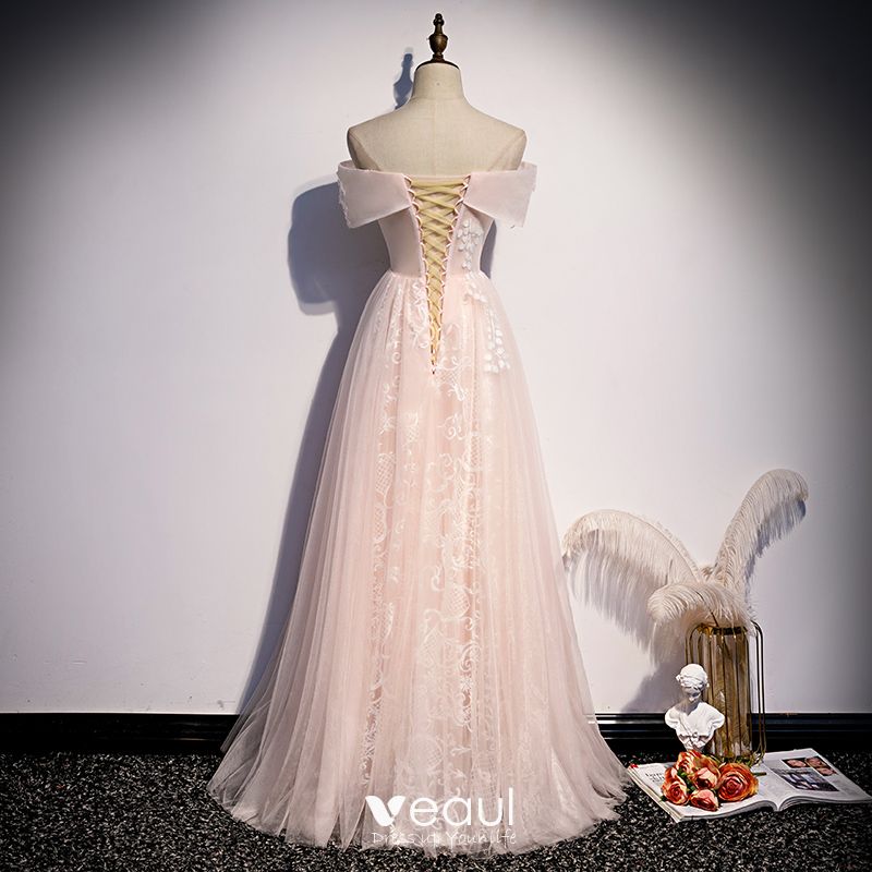 Elegant Blushing Pink Evening Dresses 2020 A-Line / Princess Off-The ...