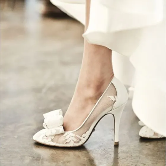Modest / Simple White Wedding Shoes 2018 See-through Leatherette Lace ...