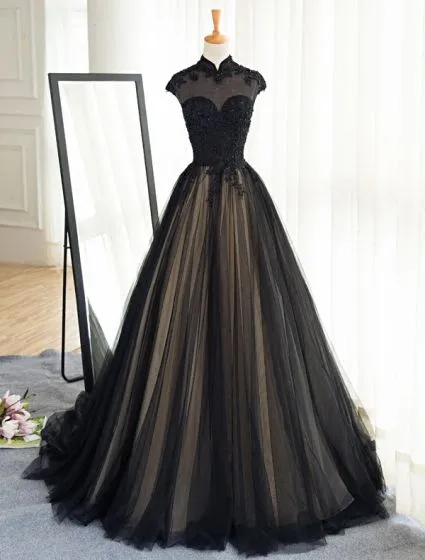 Vintage Prom Dresses 2017 High Neck Applique Beading Lace Black With ...