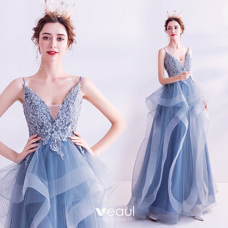 Elegant Pool Blue Prom Dresses 2020 A-Line / Princess Spaghetti Straps ...