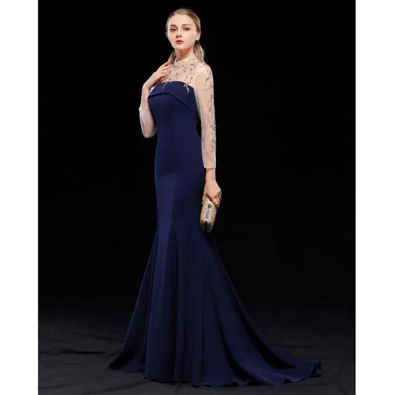 Chic / Beautiful Navy Blue Evening Dresses 2019 Trumpet / Mermaid High ...