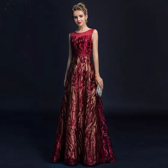 Chic / Beautiful Burgundy Evening Dresses 2018 A-Line / Princess Lace ...