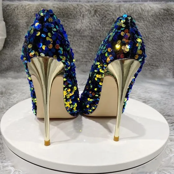 Sparkly Royal Blue Cocktail Party Sequins Pumps 2020 12 cm Stiletto ...